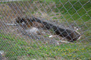 A hole in a chain link fence.