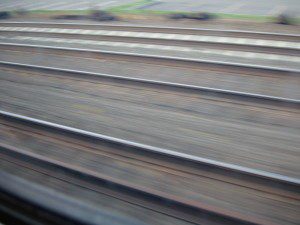 A blurry view of a train track.