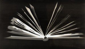 Black and white image of an open book