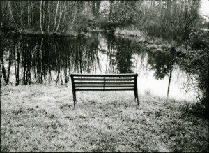A black and white photo of a bench in front of a pond.