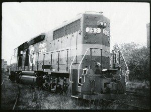 A black and white photo of a train.