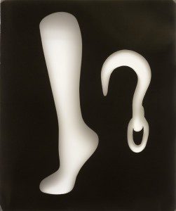 Black and white image of a hook and a leg