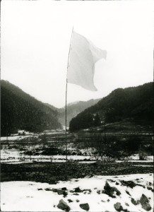 Black and white image of a flag in the middle of a mountain