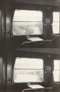 Two black and white photos of a train.