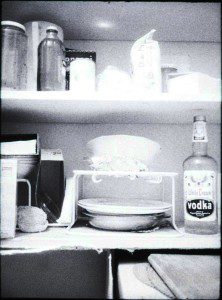 A bottle of vodka on a shelf in a kitchen.