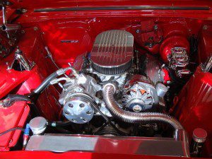A red engine in a car.